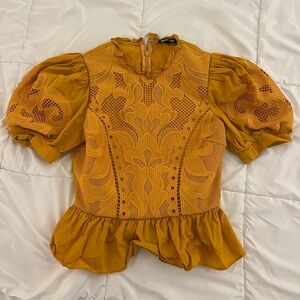 Express Mustard Lace Puff Sleeve Blouse
